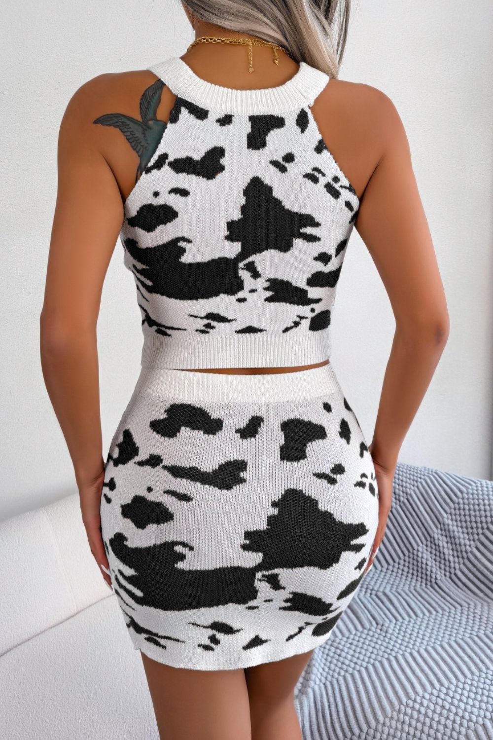 Sleeveless Cow Print Top and Mini Skirt Set